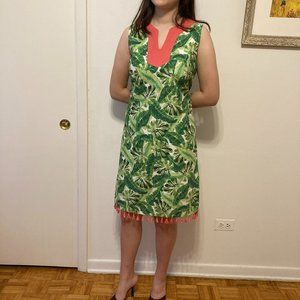 Tropical Green Dress with Pink Fringe